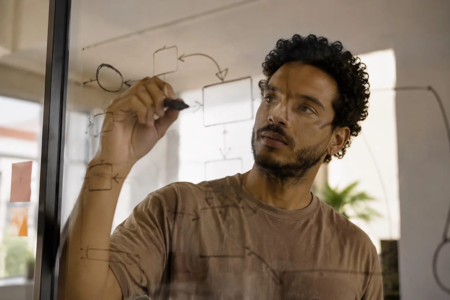 Duas pessoas diante de um quadro branco com um mapa de argumento desenhado à mão