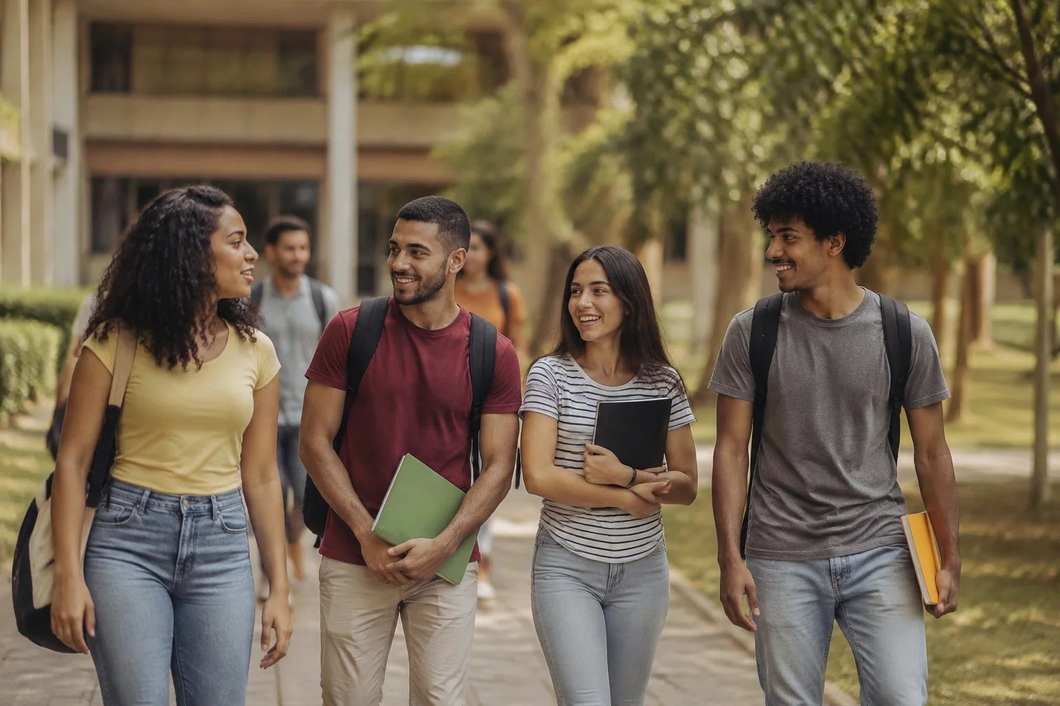 Estudantes com mochilas conversando no corredor de uma universidade
