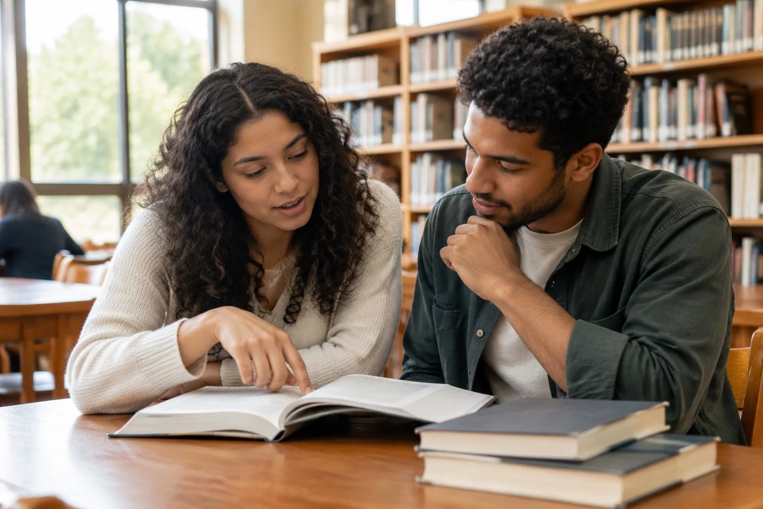 Estudantes conversando em pé entre as estantes de uma biblioteca