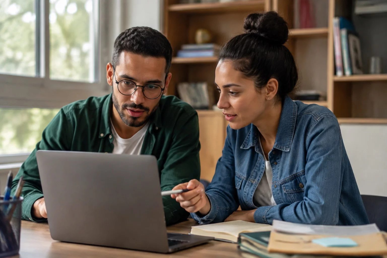 Duas pessoas revisando anotações em um tablet sobre uma mesa de madeira