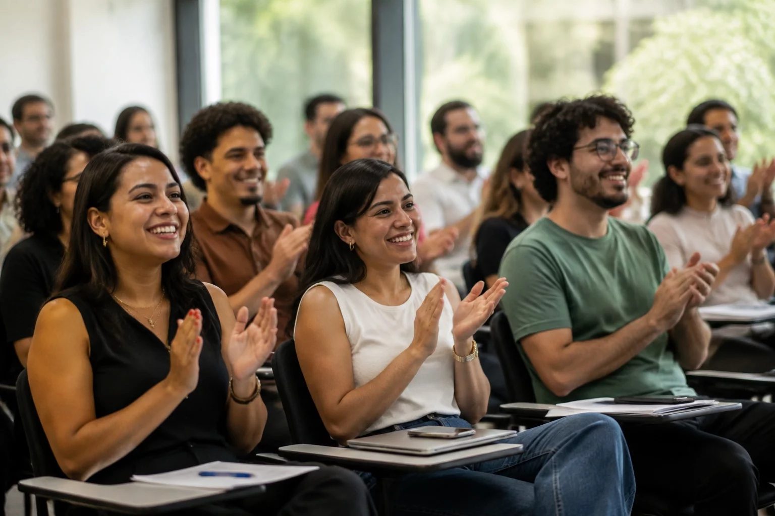 Grupo sorrindo após uma rodada de debate, com papéis nas mãos